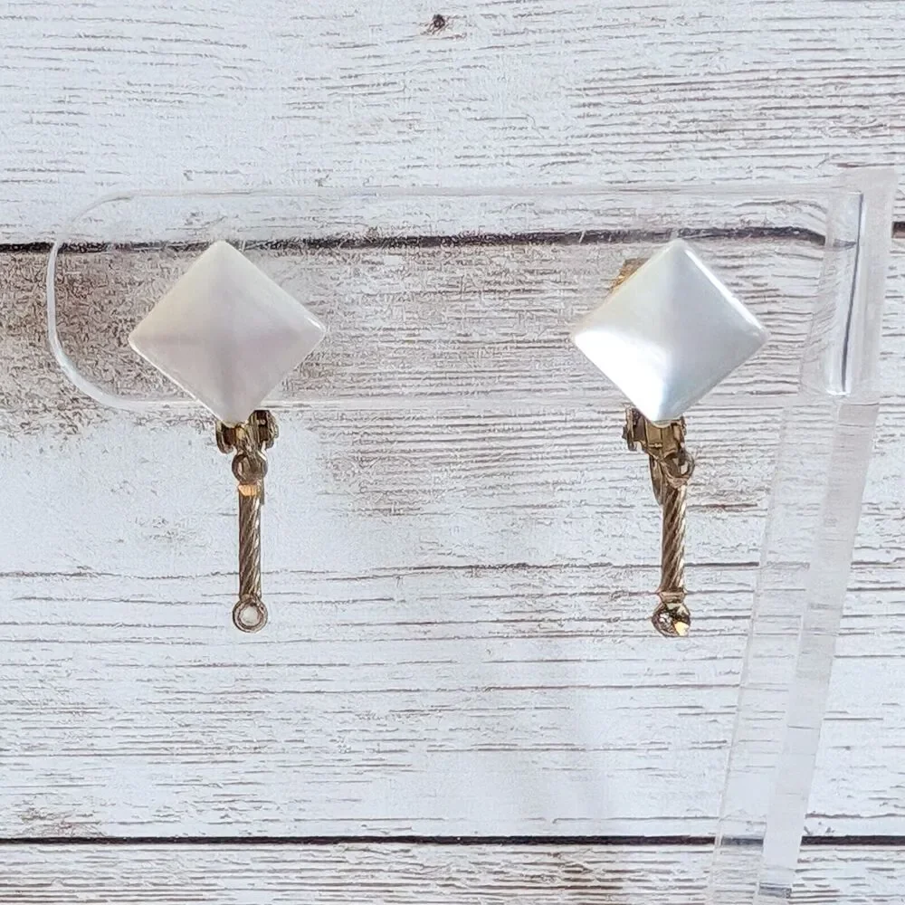 Vintage Clip On Earrings - Dainty Pearlescent with Dangle